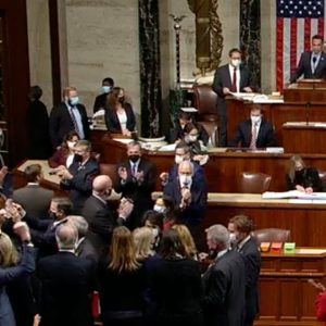 Democrats Cheer And Applaud After House Passes Bipartisan Infrastructure Bill